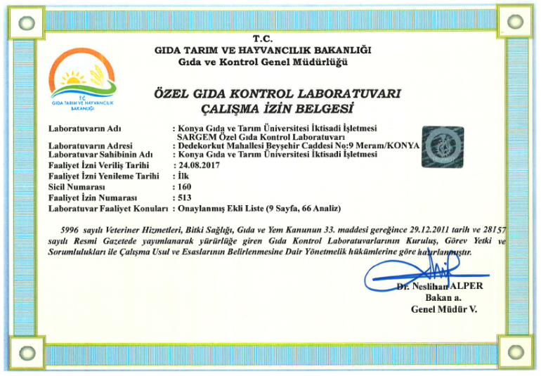 Özel Gıda Laboratuvarı Çalışma İzin Belgesi