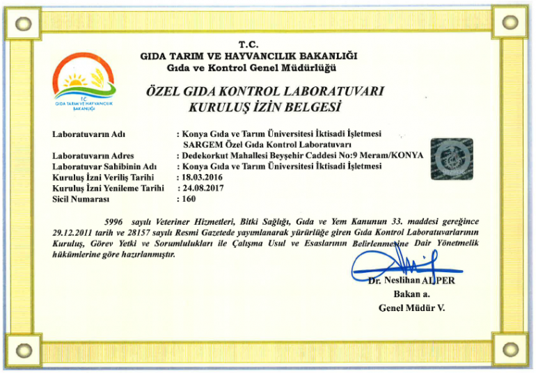 Özel Gıda Laboratuvaru Kuruluş İzin Belgesi